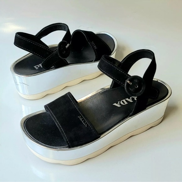 PRADA black suede 38.5 8.5 logo round buckle open-toe silver wedge sandals shoes - Picture 2 of 7